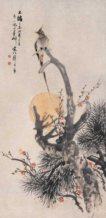 倪田 1907（丁未）年作 月光鸟影 中堂